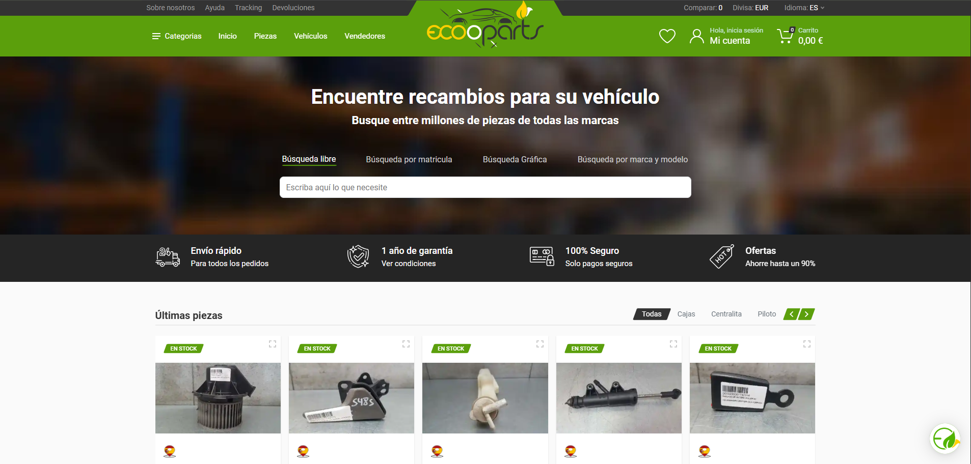 Vista de Ecooparts mostrando el marketplace de piezas